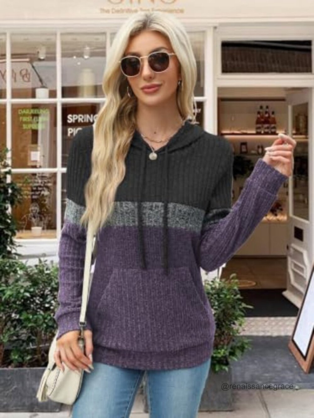 Women's Color Block Knit Hoodie Long Sleeve Pullover Sweater with Pocket